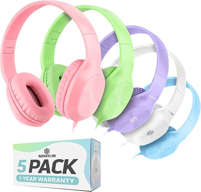 Kids Headphones for School Bulk Set 5-Pack On-Ear, 3.5mm, Wired Headphones for Schools & Libraries – Adjustable, Cushioned Wired Kids, (Mixed Colors)