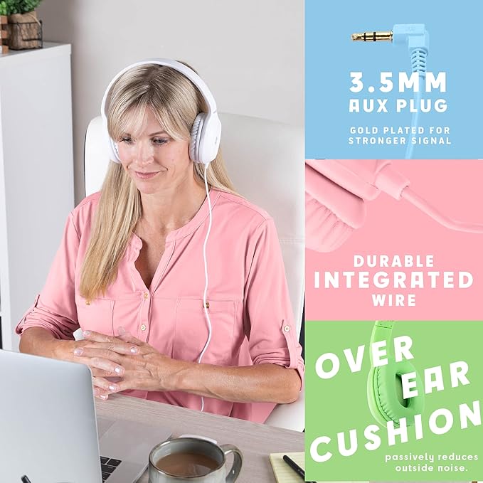 Kids Headphones for School Bulk Set 5-Pack On-Ear, 3.5mm, Wired Headphones for Schools & Libraries – Adjustable, Cushioned Wired Kids, (Mixed Colors)