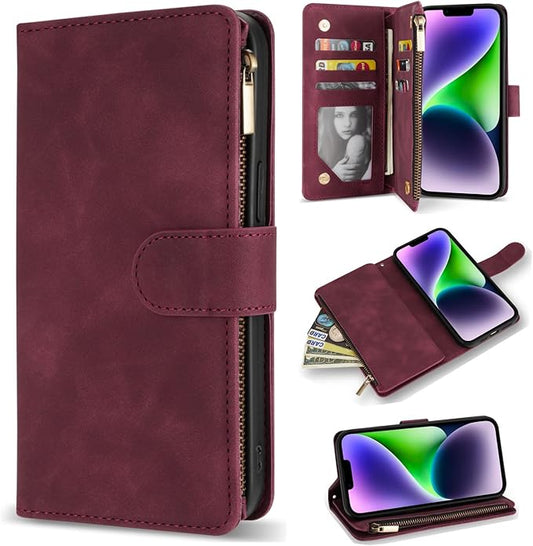 ZZXX for iPhone 14 Plus Case Wallet with [RFID Blocking] Card Slot Premium PU Leather Zipper Flip Folio with Wrist Strap Kickstand Protective Cover for iPhone 14 Plus Wallet Case(Wine Red-6.7 inch)
