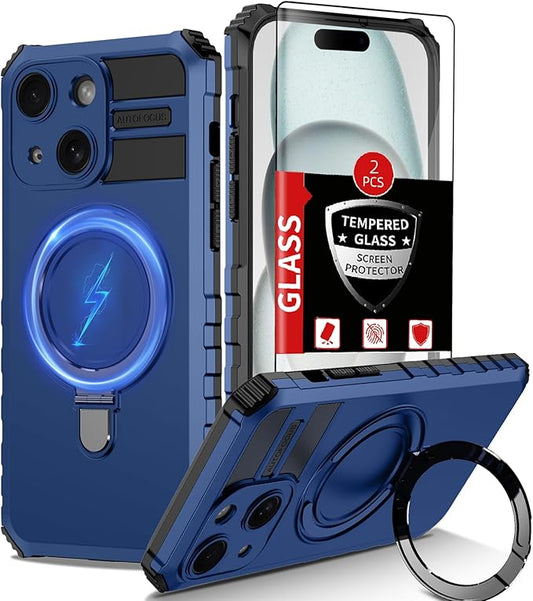 for iPhone 15 Case Magnetic Compatible with MagSafe Wireless Charging,with 2 Screen Protectors,Built-in Kickstand Ring,Shockproof Shock-Absorbent Scratch Resistant Heavy Duty Protection Blue