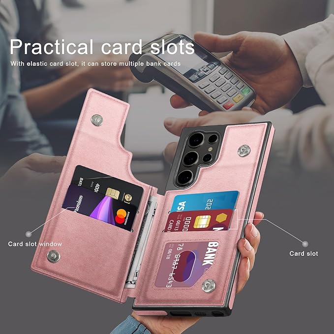 DJDUCK Designed for Samsung Galaxy S25 Ultra Case Wallet with Card Holder, [Magnetic Clasp Cover] [RFID Blocking Leather Protection] Shockproof Women Men Cases for Samsung S25 Ultra Rose Gold