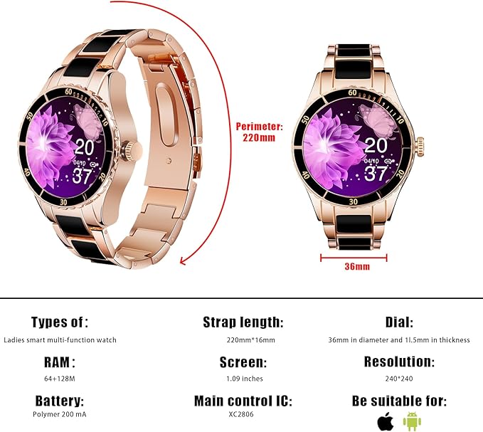 Stylish Casual smartwatch, Sports Women's Watch, Fitness Tracker, Wireless Talk/Answer/Reject, Music, DIY Dialing, for Lovers/Relatives/Friends (Black)