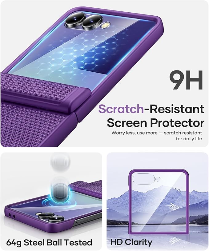 Vihibii for Samsung Galaxy Z Flip 7 Slim Case with Rugged Hinge Protection & Outer Screen Protector & Non-Slip Texture, Shockproof Durable Phone Case Cover for Samsung Z Flip 7 5G 2025, Dark Purple