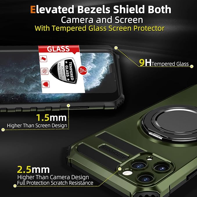 for iPhone 11 Pro Max Case Magnetic Compatible with Wireless Charging,11 Pro Max Case with 2 Screen Protector,Built-in Kickstand Ring Military Grade Drop Shockproof Heavy Duty Protection Green