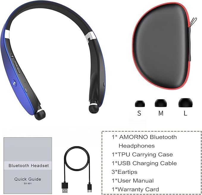AMORNO Foldable Bluetooth Headphones Wireless Neckband Headset with Retractable Earbuds, Sports Sweatproof Noise Cancelling Stereo Earphones with Mic (Blue)