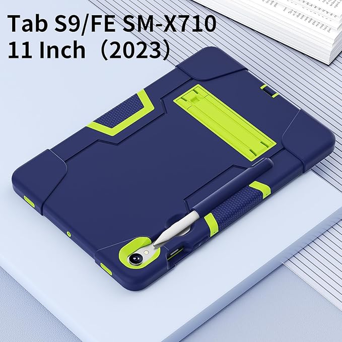 Case for Galaxy Tablet S9 FE & S9 2023 (SM-X710/X718U/X716B/X510/X516B), Soft Silicone & Hard Pc 3-Layer Military Protector Cover for Tab S9 11" with S-Pen Holder Stand case Navy Blue