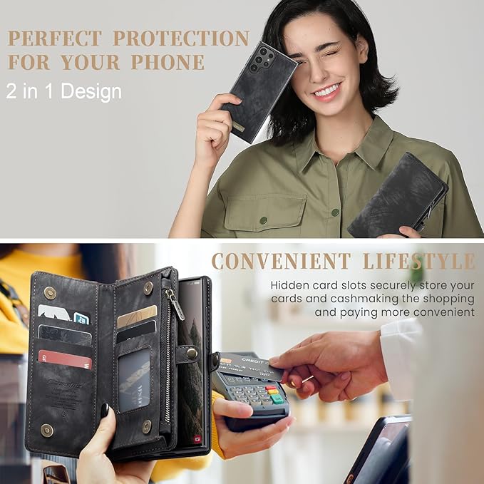 SZHAIYU 2 in 1 Detachable for Samsung Galaxy S24 Ultra Wallet Case with Card Holder, Retro Premium Flip Leather Cover Magnetic Zipper Pocket Phone Cases 6.8'' (Black, S24 Ultra)