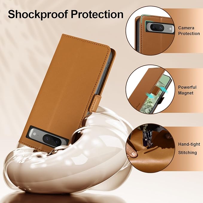 Wallet Flip Case for Google Pixel 8 - [RFID Blocking] Luxury PU Leather Card Holder Magnetic Phone Cover with Kickstand,Shockproof Protective Case,Brown
