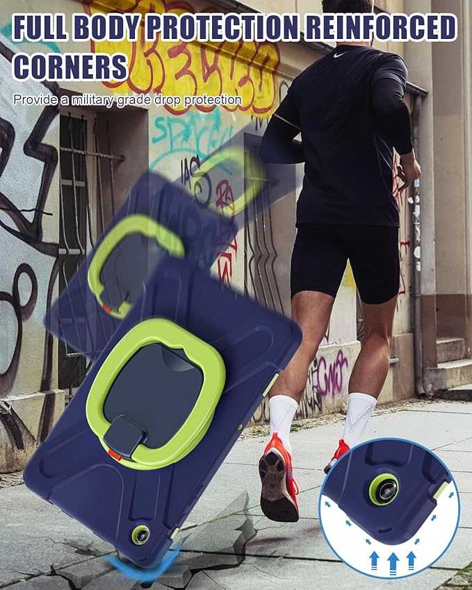 BRAECN Case for Samsung Galaxy Tab A9+ Plus 11” 2023 SM-X210/X216/X218, Heavy Duty Rugged Silicone Cover with Screen Protector, 360 Degree Rotating Stand, Stable Kickstand, Shoulder Strap, Navy Green