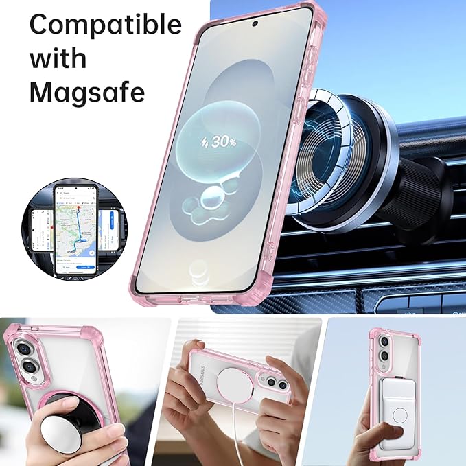 for Samsung Galaxy S25 Edge Case Compatible with MagSafe Magnetic,with Screen Protector,Built-in Kickstand Ring Military Grade Drop Heavy Duty Protection Shockproof for S25Edge Phone Case Pink