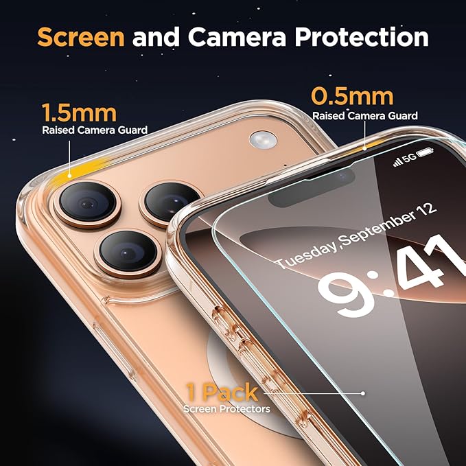 Miracase Magnetic for iPhone 17 Pro Case 6.3" with Screen Protector, [Compatible with MagSafe] Military-Grade Protection, Anti-Fingerprint, Slim Thin Phone Case for 17 Pro Cover, Clear