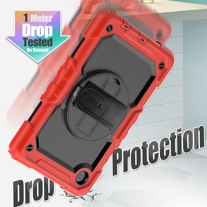 Timecity Case for Samsung Galaxy Tab A7 Lite 8.7'' 2021 (SM-T220/T225/T227), Full-Body Shockproof Protection Case with Screen Protector & 360 Rotating Stand Hand Strap - Red