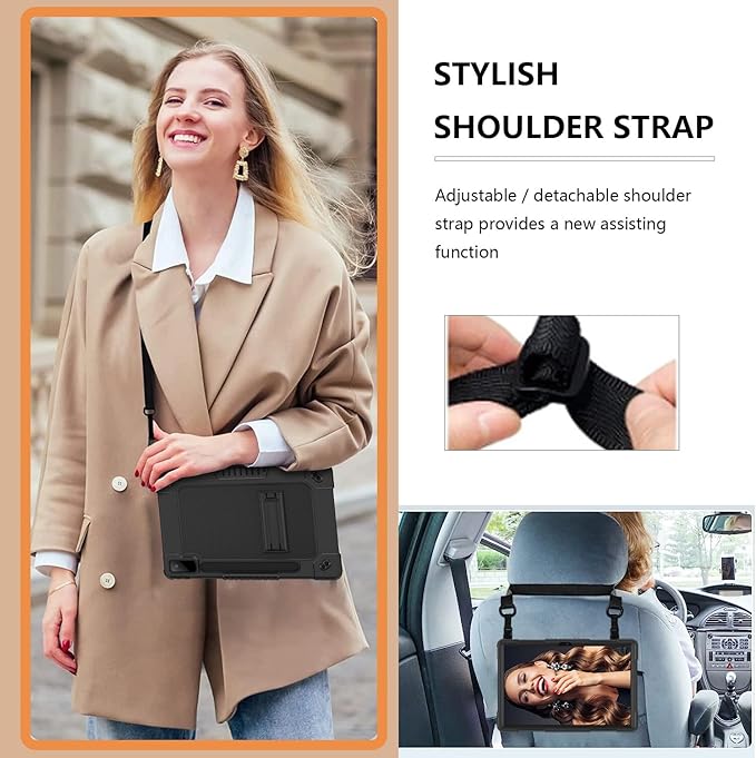 for Lenovo Tab P12 12.7 inch 2023 TB370FU Heavy Duty Cover with Kickstand Shoulder Strap Built in Pen Holder Kids Friendly Shell Case for Lenovo Tab P12 / Lenovo Xiaoxin Pad Pro 12.7" (Black)