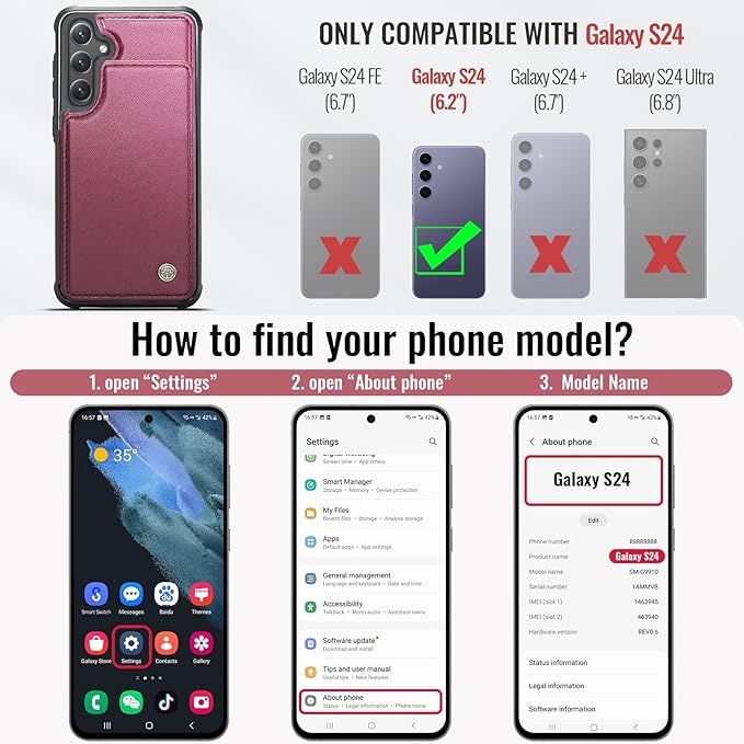 Vinich for Samsung Galaxy S24 Wallet Case with Card Holder, RFID Blocking Credit Slots Kickstand Shockproof Phone Cover for Women Men, Wine Red