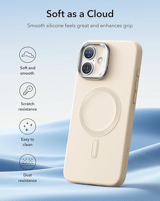 ESR for iPhone 16 Plus Case, Silicone Case with Stand, Military-Grade Protection, Built-in Camera Stash Stand, Magnetic Phone Case for iPhone 16 Plus, Cloud Series, Light Tan