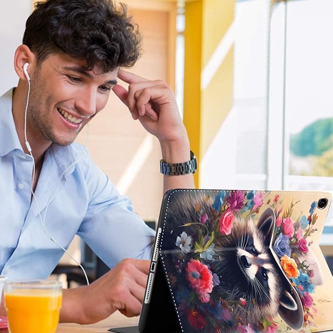 Case for Samsung Galaxy Tab A9 Plus 11 inch 2023，Slim Fit Foldable Standing Cover Case with Auto Sleep/Wake for Galaxy Tab A9+ 11’2023 (SM-X210/X216/X218)，Raccoon Flower Crown Animals