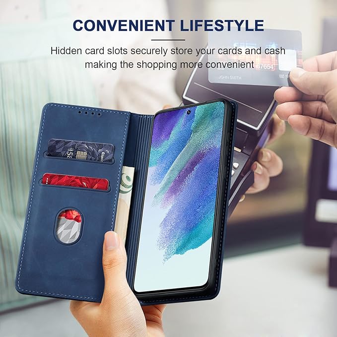 Jasonyu Flip Wallet Case for Samsung Galaxy S21 FE,Leather Magnetic Folio Cover with Card Holder,Kickstand - TPU Shockproof Durable Protective Phone Case,Blue