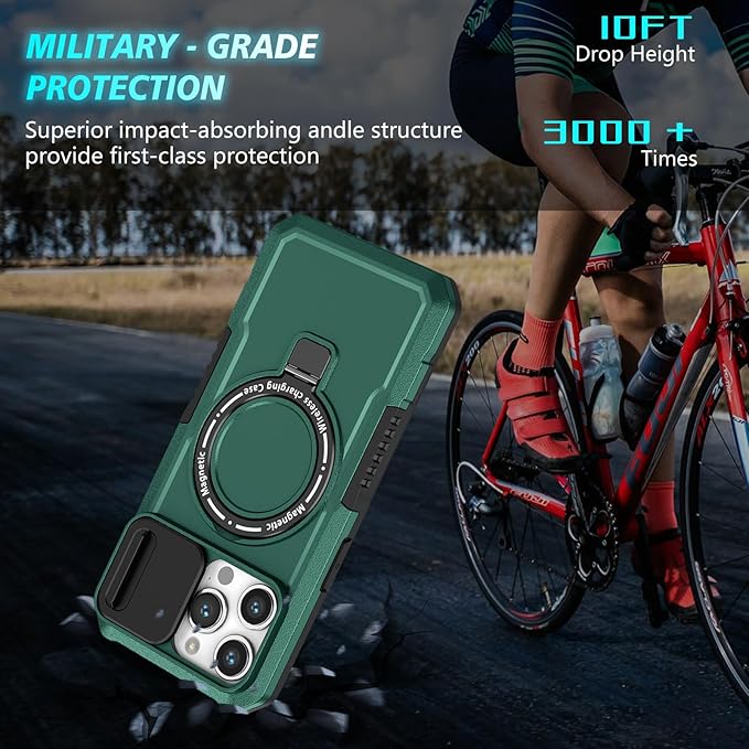 for iPhone 12 Pro Max Case Magnetic Compatible with MagSafe Wireless Charging,Built-in Kickstand,with Camera Cover,with 2 Screen Protectors,Anti-Scratch Shockproof Heavy Duty Protection Green