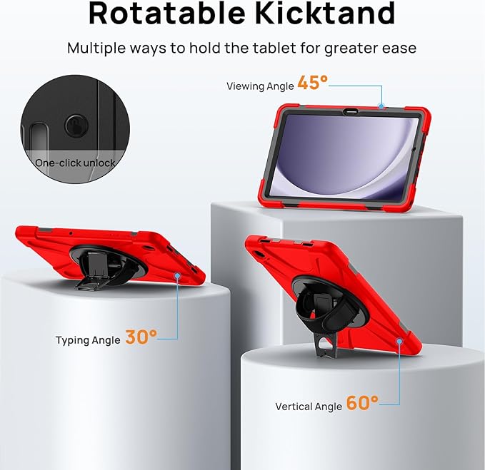 Gerutek Case for Samsung Galaxy Tab A9+/ A9 Plus Case 11" 2023, Full-Body Drop Protection Shockproof Cover with Screen Protector, 360° Rotating Stand, Hand/Shoulder Strap, Pencil Holder, Red