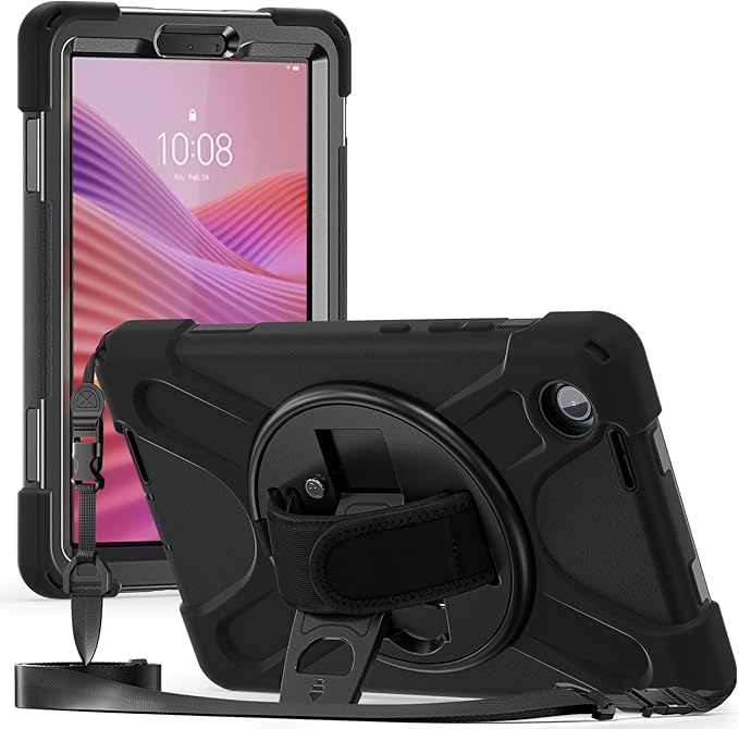 ProCase Rugged Case for Lenovo Tab One/K9 8.7 Inch 2025, Heavy Duty Shockproof Rugged Protective Cover Rotating Kickstand with Handle Holder Shoulder Strap for Lenovo Tab One/K9 -Black