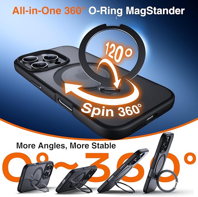 360° O-Ring MagStander for iPhone 15 Pro Max Case with Magnetic Kickstand Ring Holder [Compatible with MagSafe][360°Rotate Stand][Military Shockproof] iPhone 15 Pro Max Phone Cover Black
