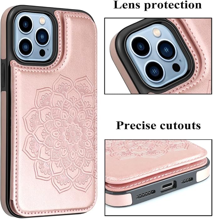 MMHUO for iPhone 14 Pro Max Case with Card Holder,Flower Magnetic Buttons Protective Wallet Case for Women for iPhone 14 Pro Max,Rose Gold