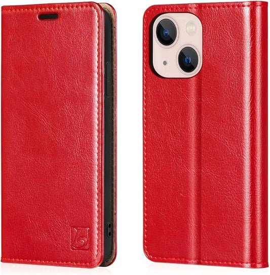 Belemay Compatible with iPhone 14 Plus Wallet Case-Genuine Leather Flip Phone Case-RFID Blocking Card Holders-Shockproof TPU Shell Folio Cover Women Men Compatible with iPhone 14 Plus (6.7-inch) Red
