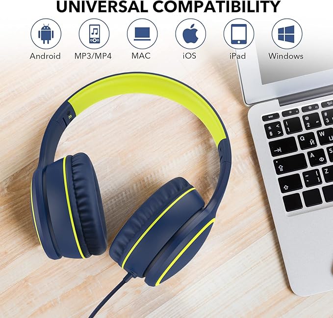 RORSOU R10 Over-Ear Headphones with Microphone, Lightweight Folding Stereo Bass Headset with 1.5M No-Tangle Cord, Portable Wired Headphones for Smartphone Tablet Computer MP3 / 4 (Blue)
