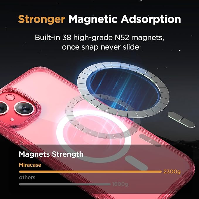 Miracase Magnetic for iPhone 13 Case 6.1 inch (Compatible with MagSafe)（with 2X Screen Protectors） Military-Grade Protection, Anti-Fingerprint Translucent Matte Phone Case Cover, Glitter Red