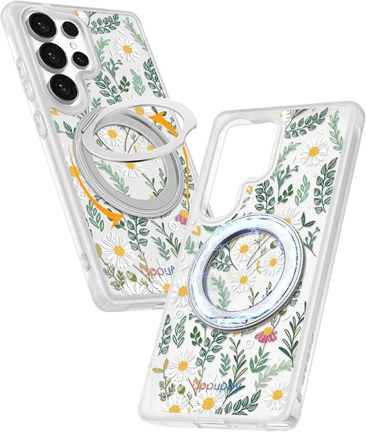 for Samsung Galaxy S25 Ultra Case with 360° Rotatable Magnetic Ring - Compatible with MagSafe, Semi-Transparent Soft-Touch Material Shockproof, Cute Daisy Flower Design for Women Girl