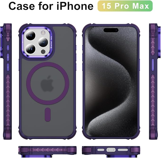 Magnetic for iPhone 15 Pro Max Case Purple with MagSafe Wireless Charging Heavy Duty Military-Grade Shockproof Protection Adjustable Kickstand Slim Matte Anti-Fingerprint Cover Men Women