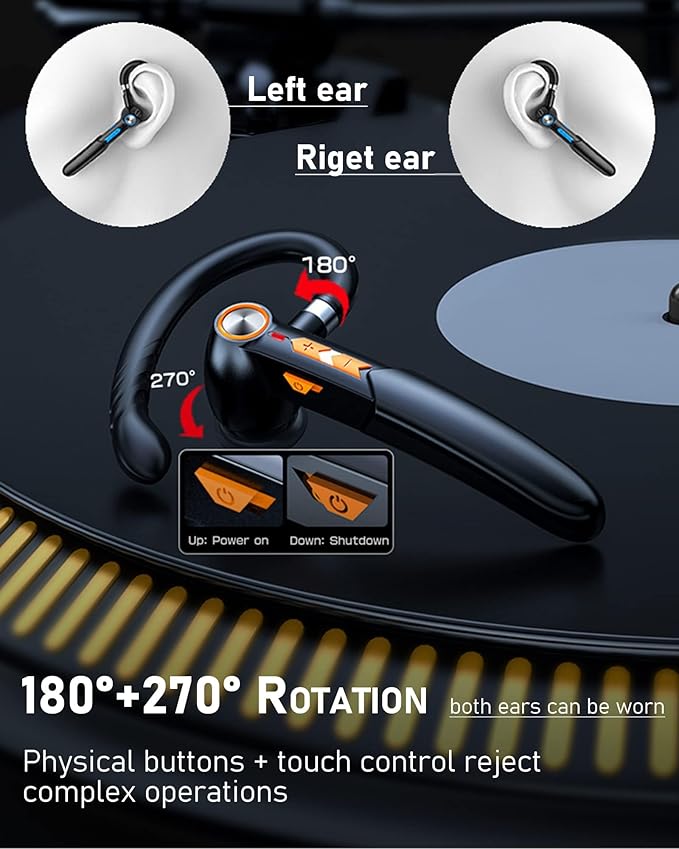 Single-Ear Bluetooth Earpiece with Noise Cancelling – Wireless Hands-Free Headset for iPhone & Cell Phones, Built-in Mic, 10Hrs Battery Life