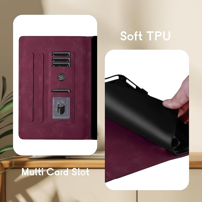 Case for Galaxy Tab A9+ Case 11 Inch, Retro Samsung Galaxy Tab A9 Plus Cover SM-X210/215 with Carved Flap, Magnetic Buckles Design, Stand Function Wine Red