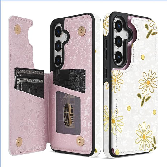NNH Compatible with Samsung Galaxy S25 Plus Wallet Case with RFID Blocking Card Slots Folio Flip PU Leather Kickstand Double Magnetic Clasp Design Cover for Galaxy S25+(6.7inch-White Little Daisy)