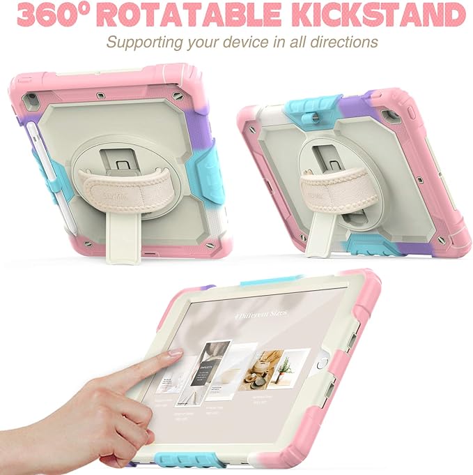 SEYMAC stock Case for iPad 9th/ 8th/ 7th Generation 10.2'', Shockproof with Screen Protector, Pencil Holder [360° Rotating Hand Strap] & Stand, for iPad 10.2 inch 2021-2019 (Yellowish+Pink)