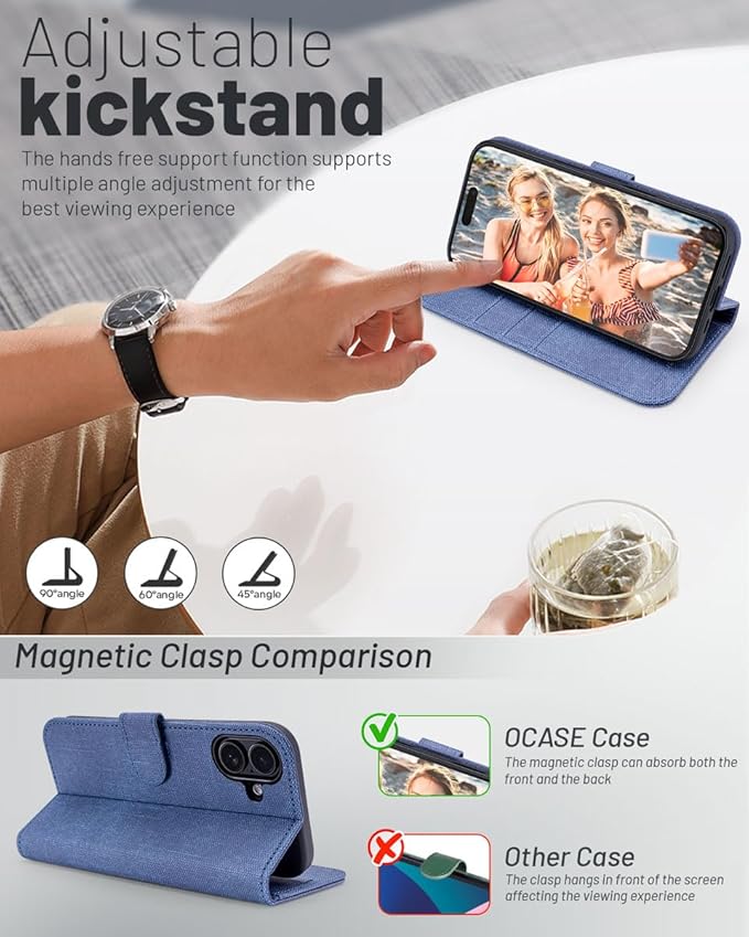 OCASE Compatible with iPhone 16 Wallet Case, PU Leather Flip Folio Case with Card Holders RFID Blocking Kickstand [Shockproof TPU Inner Shell] Phone Cover 6.1 Inch 2024, Denim Blue