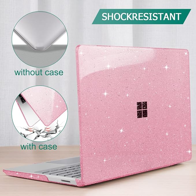 Tuiklol Case for 12.4 Inch Microsoft Surface Laptop Go 3/2 / 1 2023-2020 Releases, Plastic Hard Shell Case with Screen Protector and Keyborad Cover +Dust Plugs Model 2013/1943,Sparkly Pink