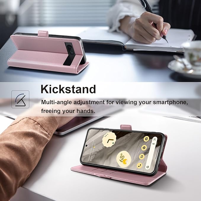 Wallet Flip Case for Google Pixel 7A - [RFID Blocking] Luxury PU Leather Card Holder Magnetic Phone Cover with Kickstand,Shockproof Protective Case,Pink