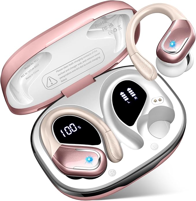 Wireless Earbud, Bluetooth 5.4 Headphones IP7 Waterproof for Sport, 75H Running Wireless Earphones with ENC Noise Canceling Mic, Deep Bass Over Ear bud with Earhooks for Android/iOS, Workout, Wine Red