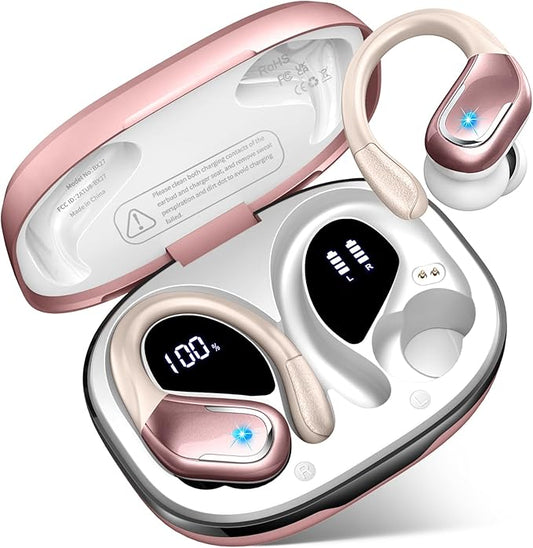 Wireless Earbud, Bluetooth 5.4 Headphones IP7 Waterproof for Sport, 75H Running Wireless Earphones with ENC Noise Canceling Mic, Deep Bass Over Ear bud with Earhooks for Android/iOS, Workout, Wine Red