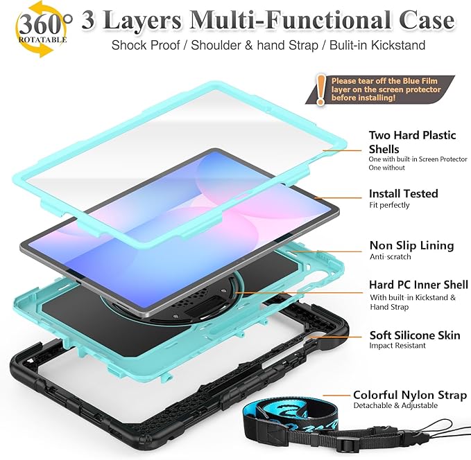 SEYMAC stock Case for Samsung Galaxy Tab S10 FE+ Plus 5G Tablet Case 13.1'' Protective with Screen Protector, Pencil Holder, 360 Rotating Stand, Hand Strap, Shoulder Strap, SkyBlue1