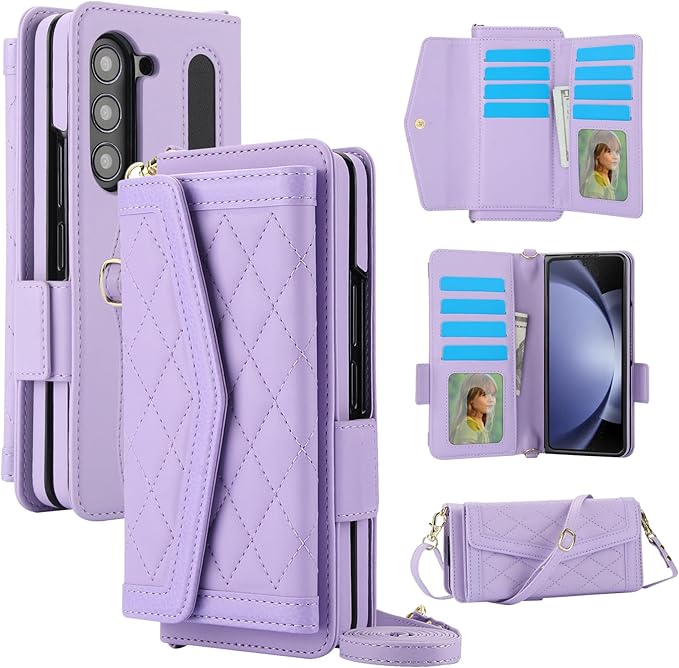 for Samsung Galaxy Z Fold 7 Wallet Case - Stitching Pattern RFID Blocking Card Holder, S Pen Slot Crossbody Strap, Full Body Protection Flip Cover for Women Purple