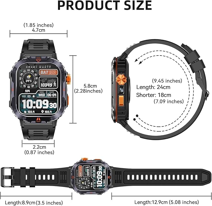 Military Smart Watch for Men (Music Storage), 2.01" Smart Watch for Android and iOS, Fitness Tracker with Flashlight/Connectable TWS Earphones/Health Monitoring/100+ Sports Modes (Orange)