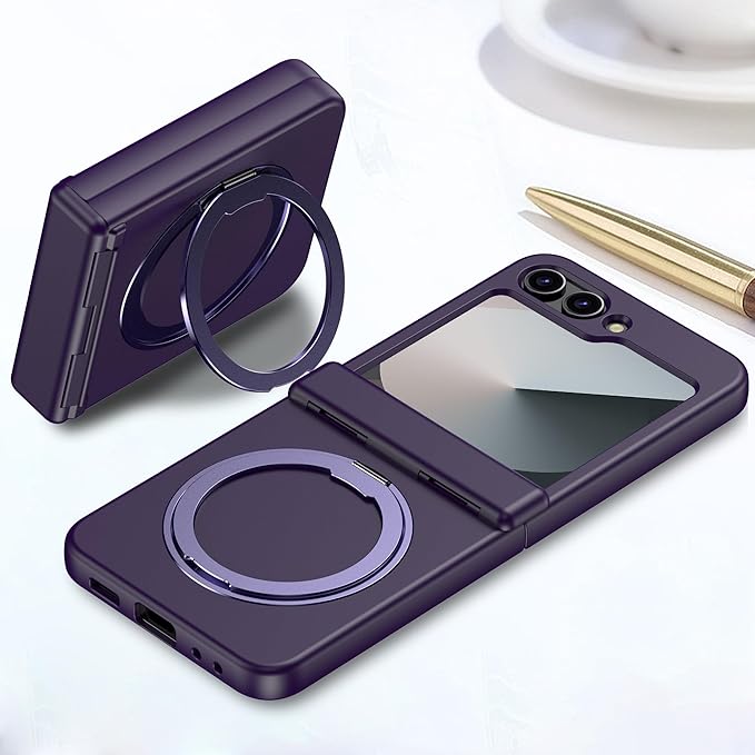 Magnetic Case for Samsung Galaxy Z Flip 6 Compatible with Magsafe, Built-in Kickstand & TPU Hinge Protection Flip 6 Case, Matte PC Cover Ultra Shockproof Phone Case for Z Flip6 (Dark Purple)