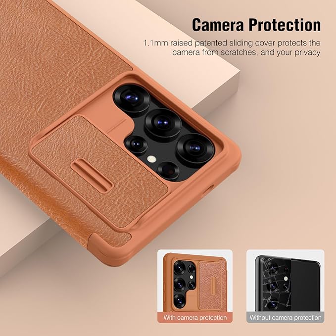 Nillkin for Samsung Galaxy S25 Ultra Wallet Case with Camera Cover, [Lens Protection] Premium Leather Slim Protective Shockproof Hard Cover Flip Phone Case for Galaxy S25 Ultra 6.9'' Brown