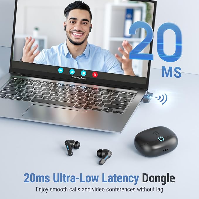 SW5 Wireless Headphones for Work with Microphone, Bluetooth Earbuds, 20ms Low Latency, 4 Mics, Compatible with Desktop Computer and Laptop PC, Ideal for Office, Call Center