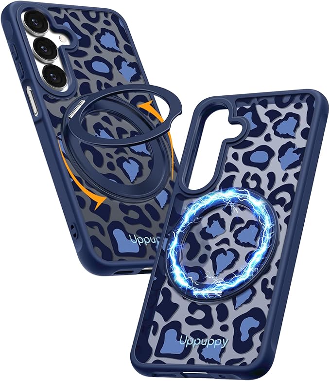 for Samsung Galaxy A16 4G/5G Case with 360° Rotatable Magnetic Ring - Semi-Transparent Anti-Fingerprint Soft-Touch Material Shockproof, Cute Blue Cheetah Print Design for Women Girl