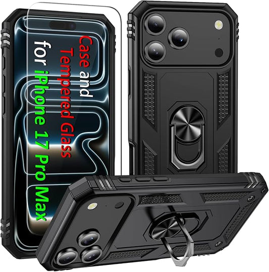 ADDIT Compatible with iPhone 17 Pro Max Case with Tempered Glass Screen Protector, Adjustable Kickstand Ring, Military-Grade Heavy Duty Protection, Shockproof, Anti-Fingerprint, Black