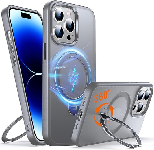 360° O-Ring MagStander for iPhone 14 Pro Case with Magnetic Kickstand Ring Holder [Compatible with MagSafe][360°Rotate Stand Ring][Military Shockproof] iPhone 14 Pro Phone Cover Matte Grey