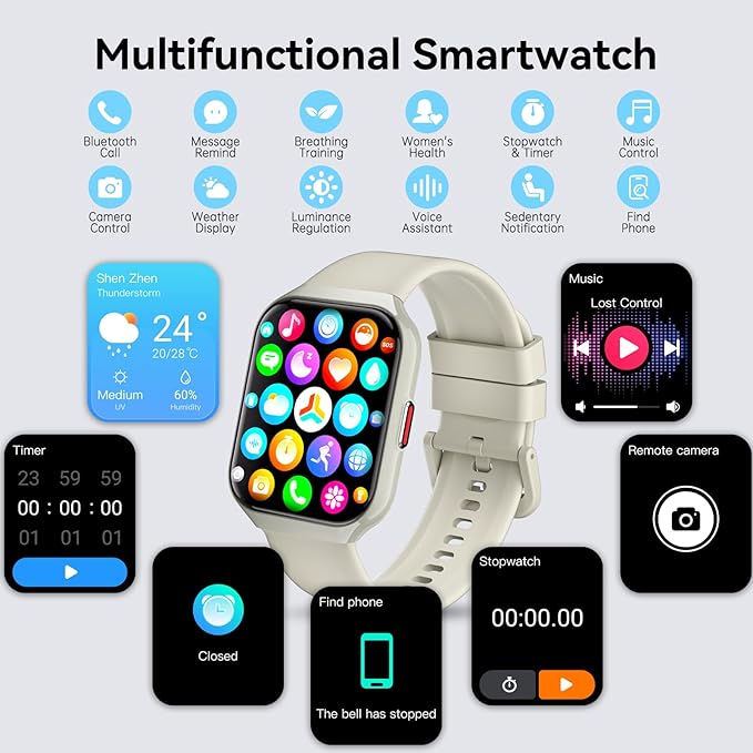 Smart Watch, 1.96" HD Smartwatches for Men Women, (Answer/Make Calls), IP68 Waterproof Fitness Watch, Heart Rate/Sleep/SpO2 Monitor, Fitness Tracker with 113+ Sport Modes, for iOS/Android (White)